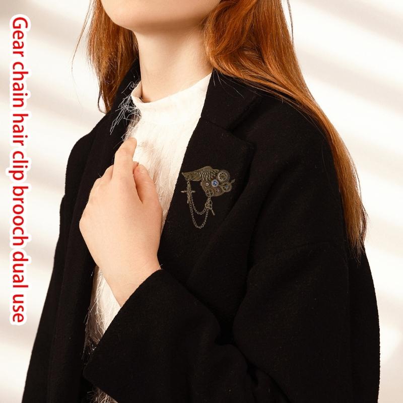 Vintage Steampunk Brosche Anstecknadel für Damen Herren PunkStyle Zahnrad Flügel Kette Brosche Reversnadel Hemd Korsage Anstecknadel Haarspange
