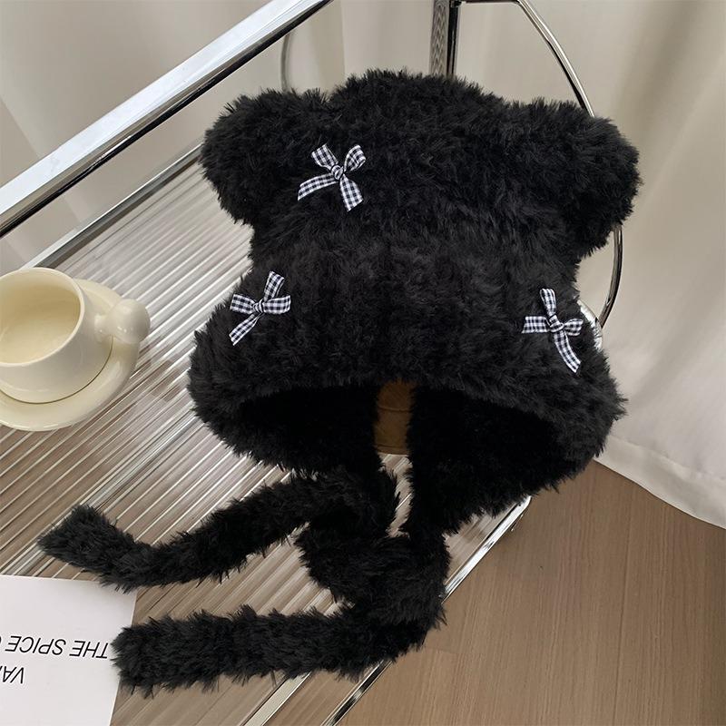 

Оригинальный дизайн милая шапка с медвежонком осень и зима женская милая шерстяная шапка плюшевый головной убор теплая защита ушей зима M（56-58cm） чёрный