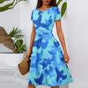 Women's Casual Fashion Round Neck Pleated Short Sleeve Floral Print A-Line Midi Dress