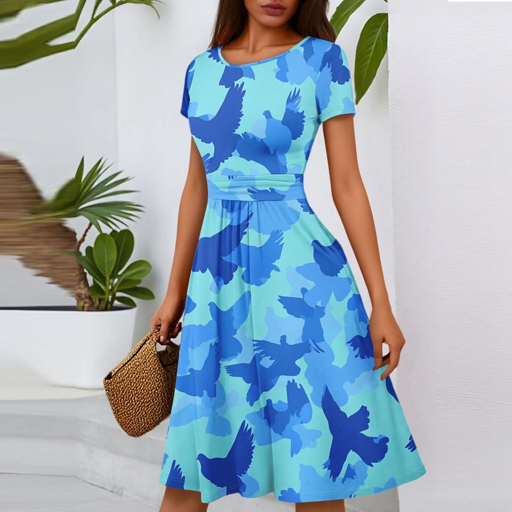 Women's Casual Fashion Round Neck Pleated Short Sleeve Floral Print A-Line Midi Dress