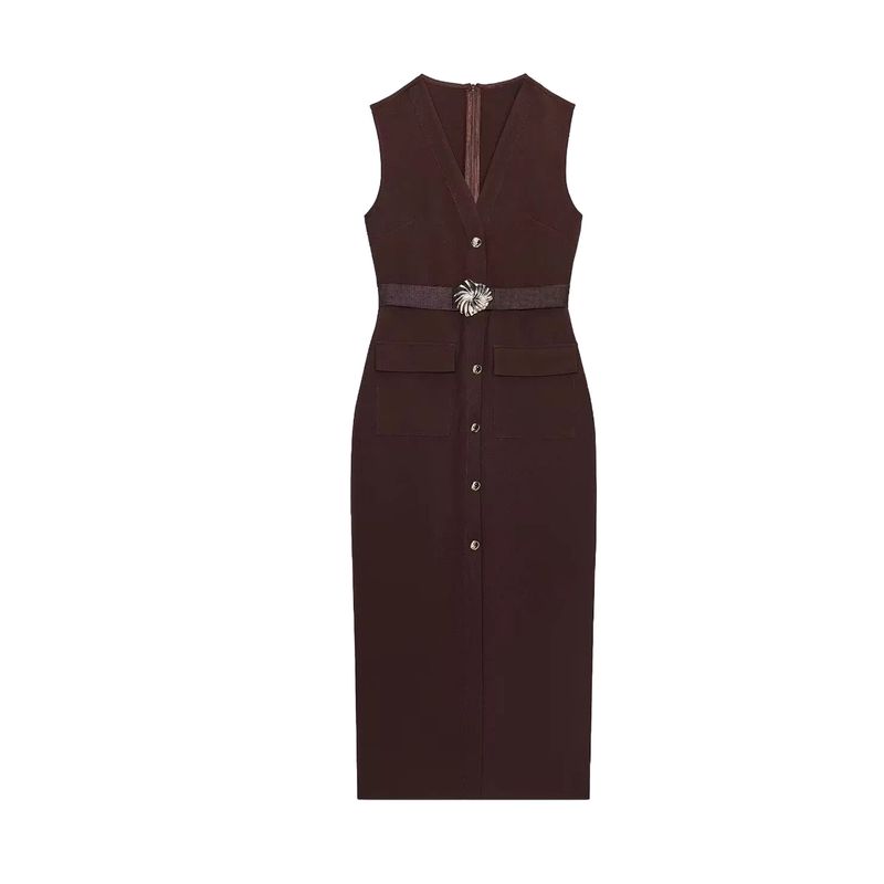Summer New Product Women's Clothes Round Neck Sleeveless Fake Button Decoration with Belt Crepe Midi Skirt Dress 3897166