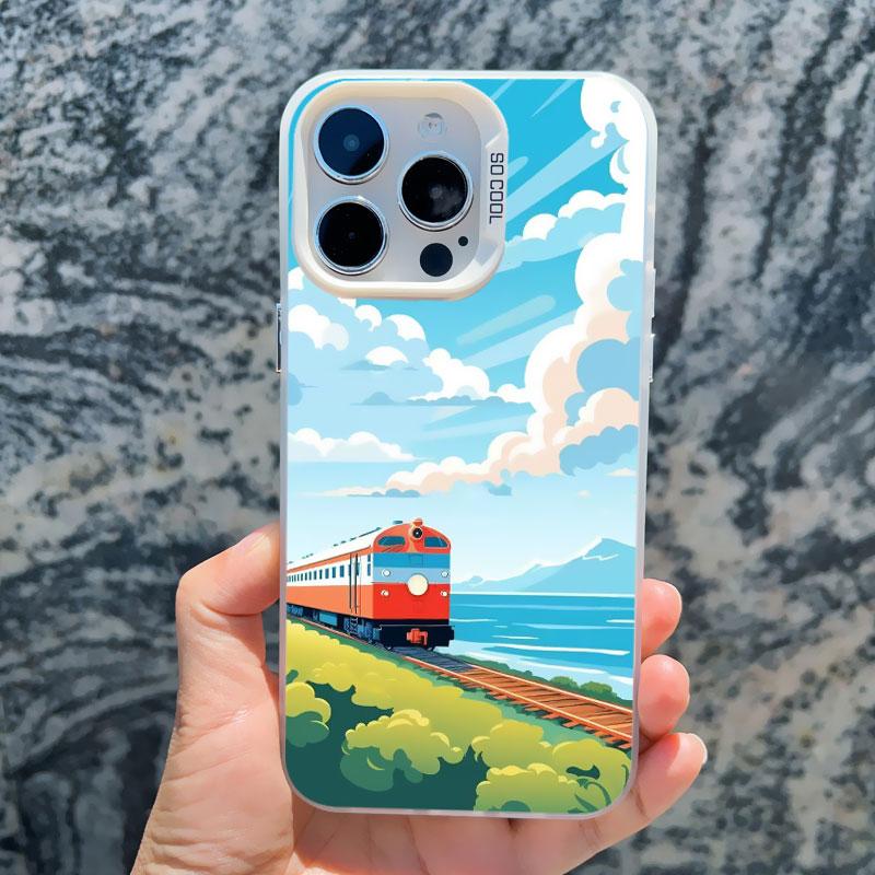Sea Blue Sky Beach Rail Car Laser Phone Case For iPhone 16 11 12 13 Pro Max Mini 15 14 Pro Max Plus Shockproof Back Cover Fundas