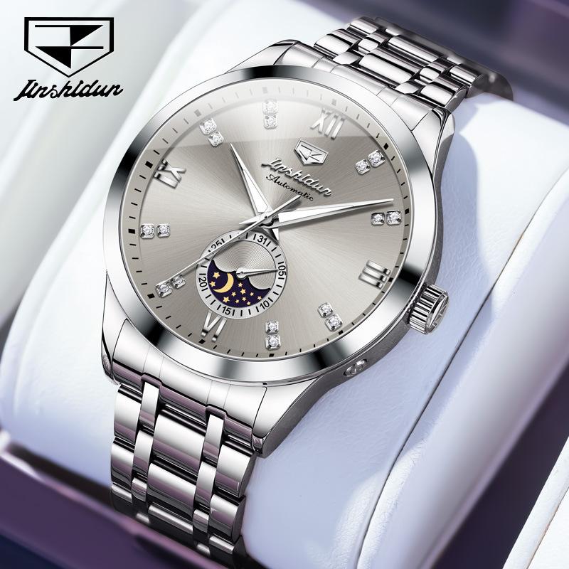 JINSHIDUN Fully Automatic Mechanical Watch Moon Phase Three-hand Men's Wristwatch