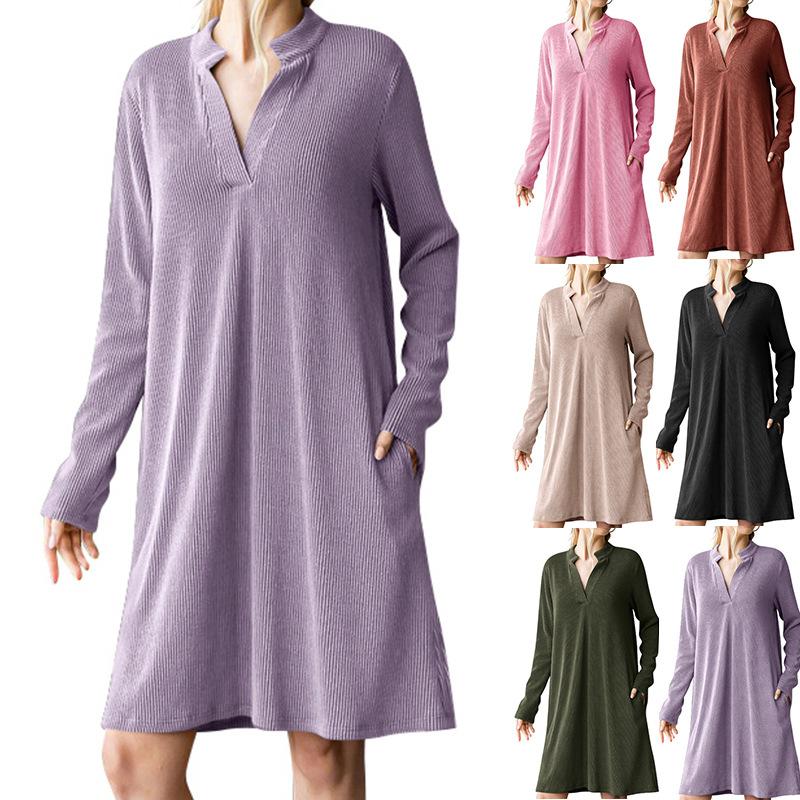 Autumn and Winter Women's V-neck Long-sleeved Loose Dress