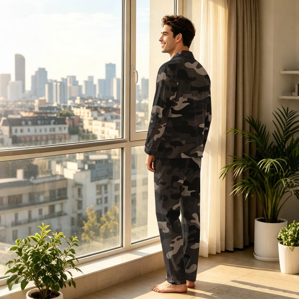 Herren-Pyjama-Set mit Knöpfen und langen Ärmeln - Bequeme Nachtwäsche für Zuhause und zum Entspannen