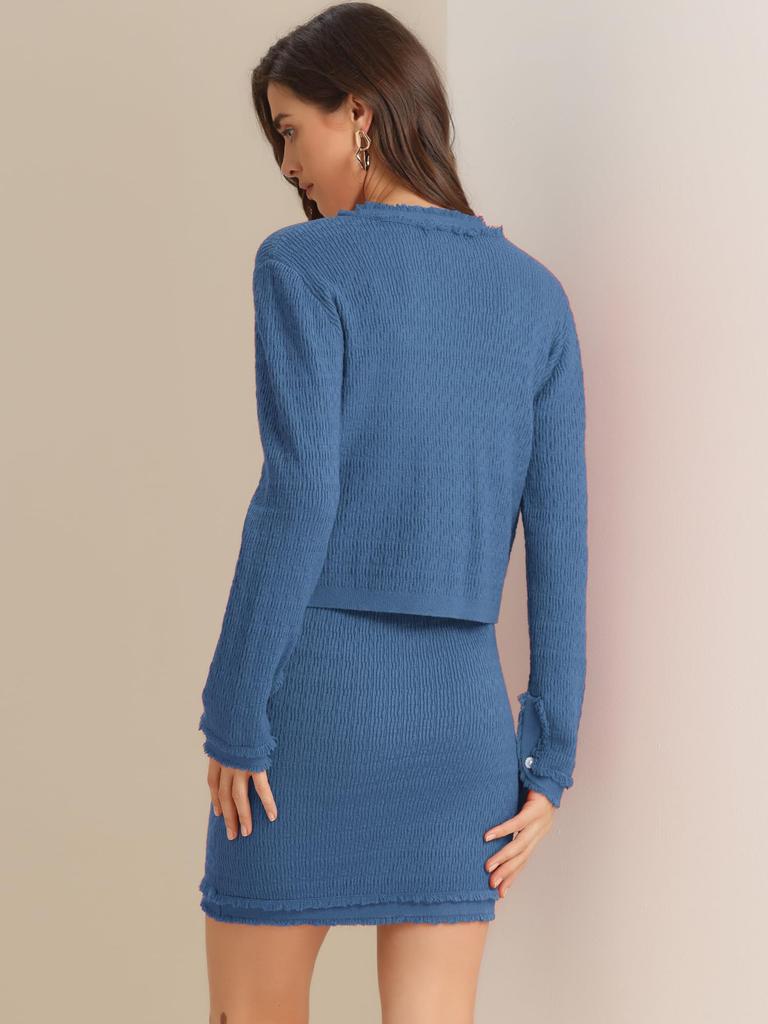 Allegra K Women's Vintage Two-Piece Suit: Stretch Sweater, Short Jacket, and Skirt, Blue, Size M