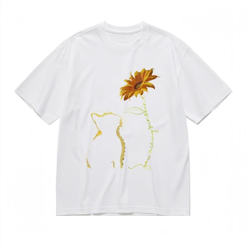 

Women s Comfortable Comfy Classic T-Shirt Sunflower And Cat Graphic Tee S