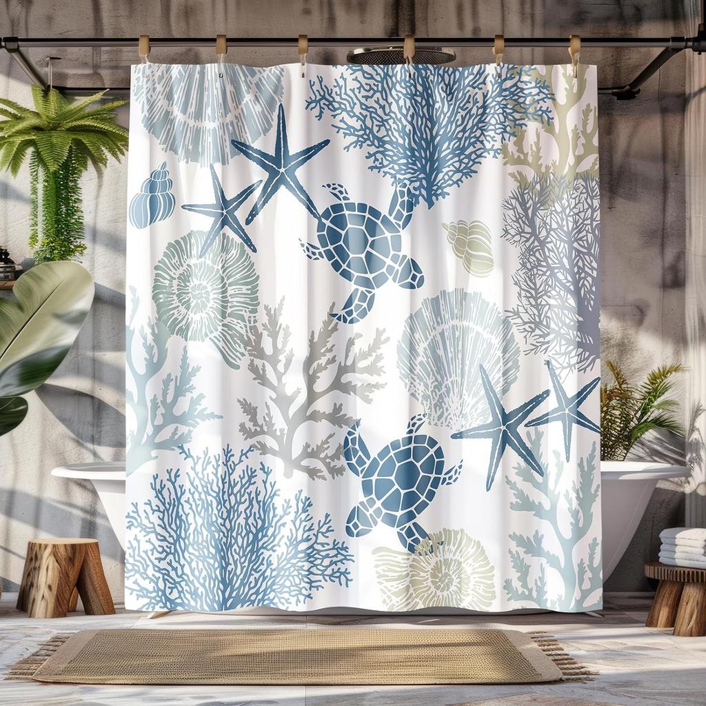 Peopleareok Nautical Coastal Shower Curtain, Funny Kids Sea Turtle Seashell Starfish Shower Curtain for Bathroom Decor, Polyeste
