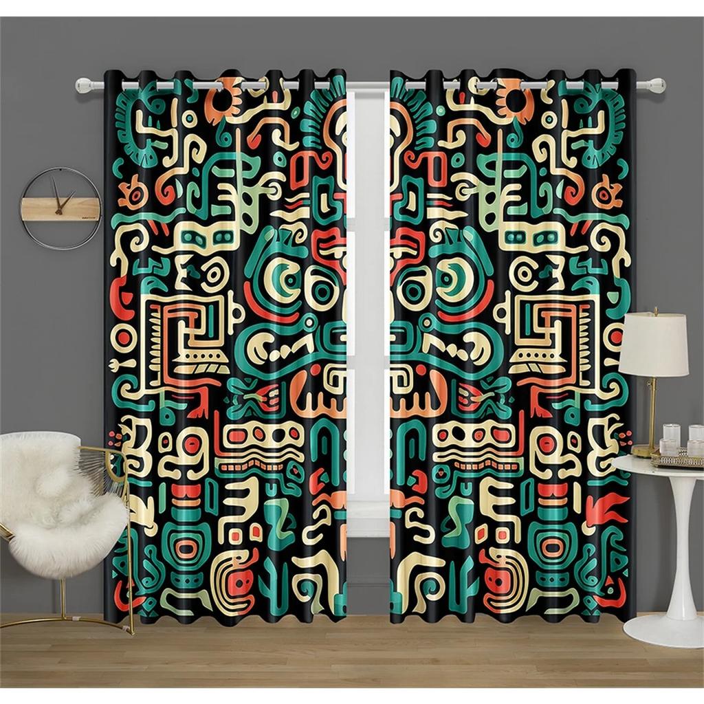 Metal Safe Cabinet Gate Aztec Pattern Curtain Fit Office Decor Bedroom Living Room Kitchen Balcony Window Decor 2 Panels