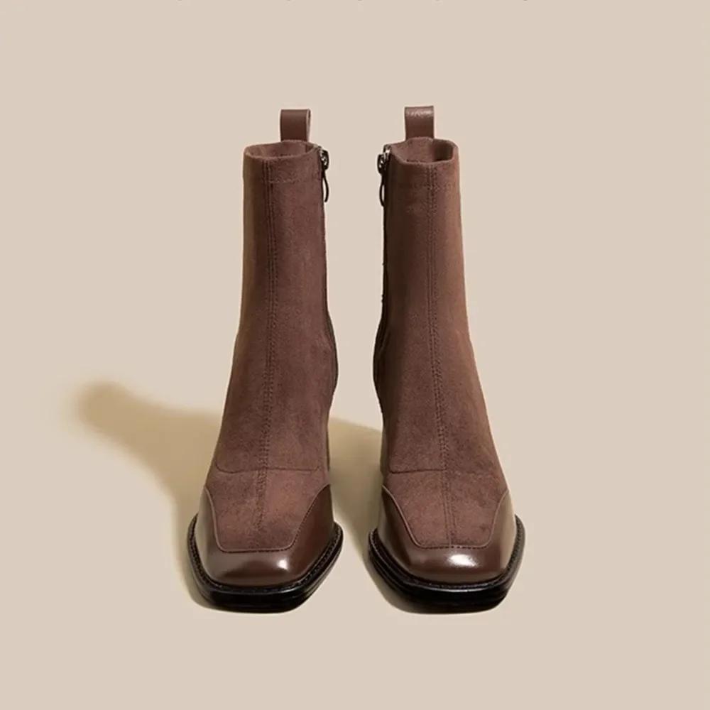 Thick High Heel Short Boots Autumn Winter New Square Headed Suede Ankle Boots For Women Black Brown Elastic Heeled Botines Mujer