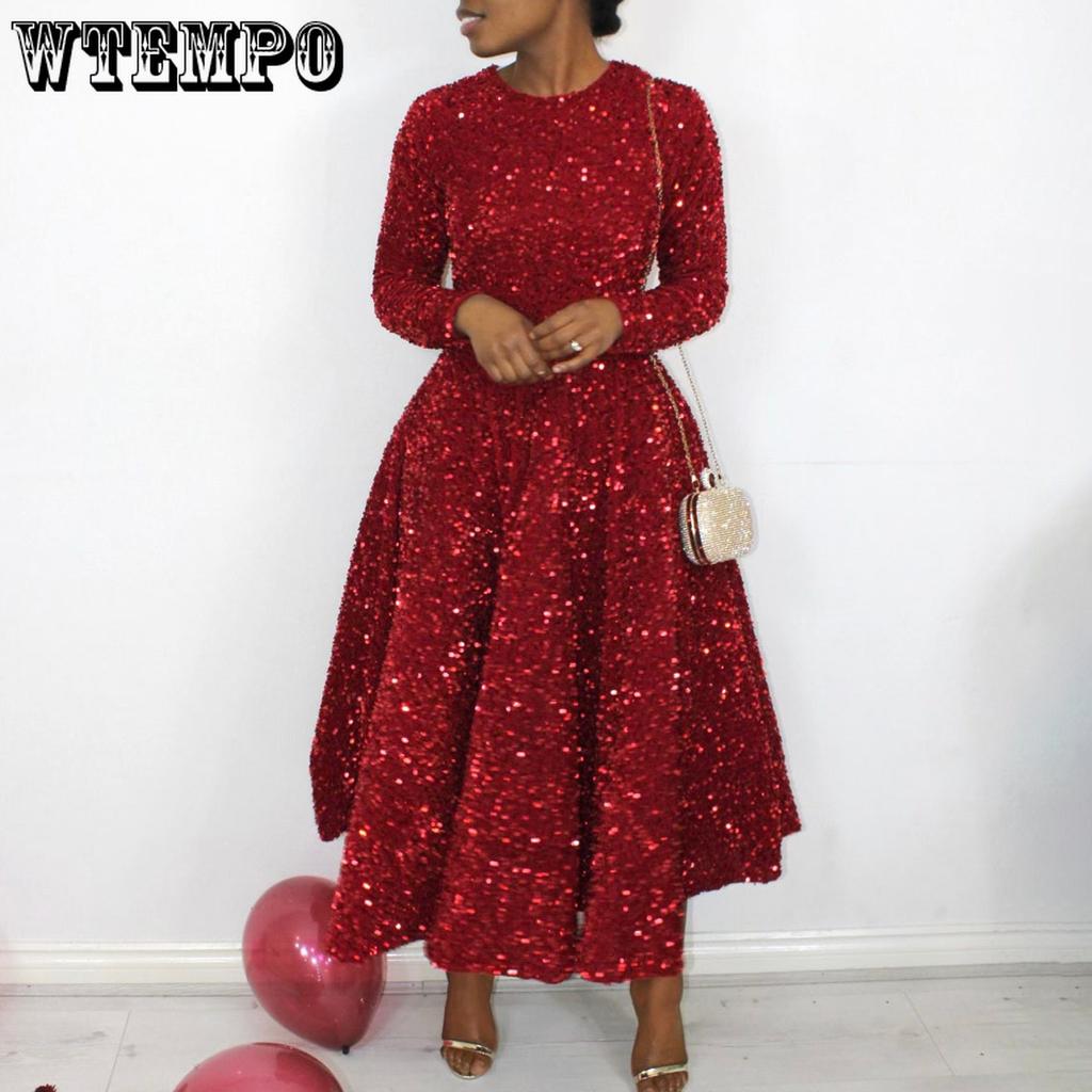 Sukienki damskie z okrągłym dekoltem, długim rękawem, jednolitym kolorem, cekinami, wysokim stanem, o średniej długości