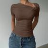 Chemise Femme Manches Courtes Col Biais Style Commuting Hauts Décontractés Coupe Ajustée Couleur Unie T-shirt d'Été