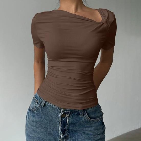 Chemise Femme Manches Courtes Col Biais Style Commuting Hauts Décontractés Coupe Ajustée Couleur Unie T-shirt d'Été