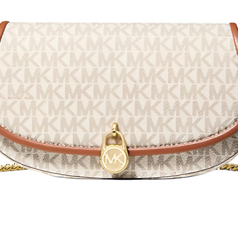 Michael Kors MK Mila Printed Gold Lock Coated Canvas Shoulder Bag Small Women Shoulder Bag Vanilla-White 35F5GIMC1B-VANILLA