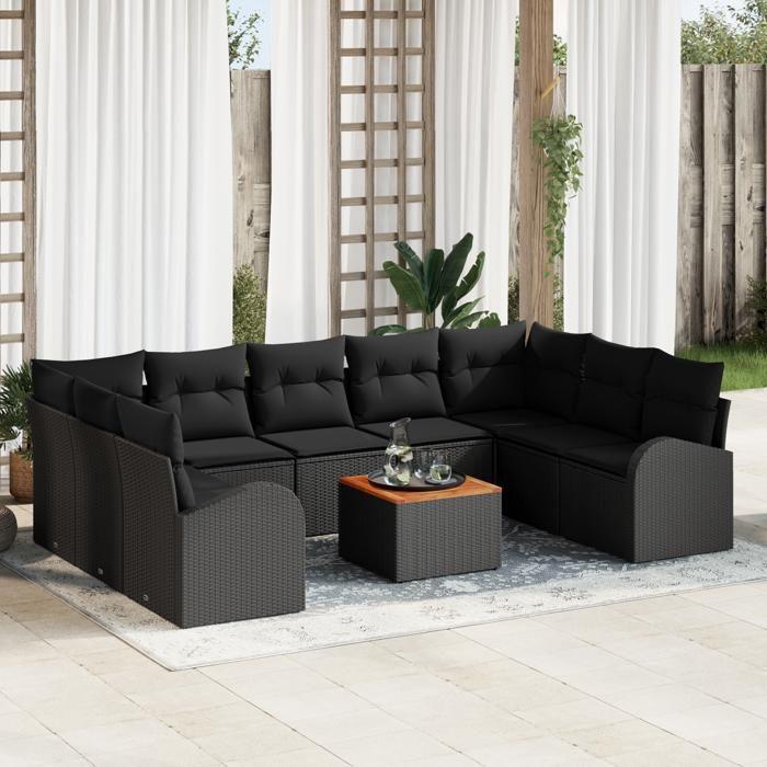 VidaXL Ensemble de canapé de jardin 10 pièces avec coussins noir poly rattan acacia 3347625