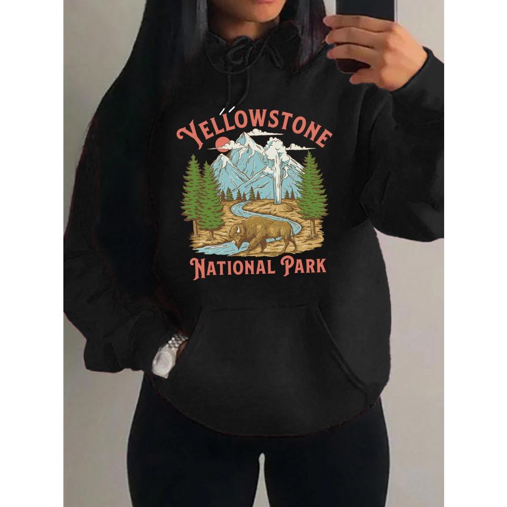 Yellow Stone National Park Printing  Hoodies Women Fleece All-Match Streetwear Y2K Pocket Hoody Autumn Casual Woman Clothing