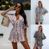 Summer Holiday Casual V-neck Printed Short Sleeve Jumpsuit Women Wide Legs