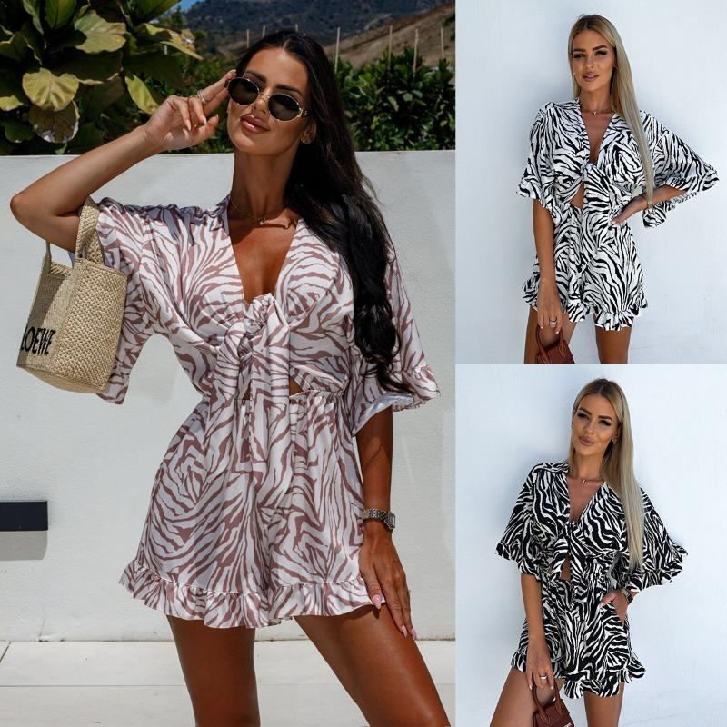 Summer Holiday Casual V-neck Printed Short Sleeve Jumpsuit Women Wide Legs
