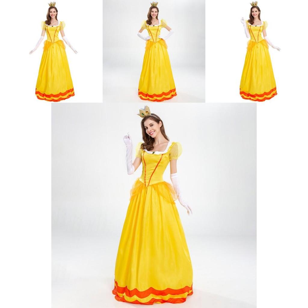 Elegante Vestito Costume da Principessa Daisy con Guanti e Copricapo per Divertimento di Halloween