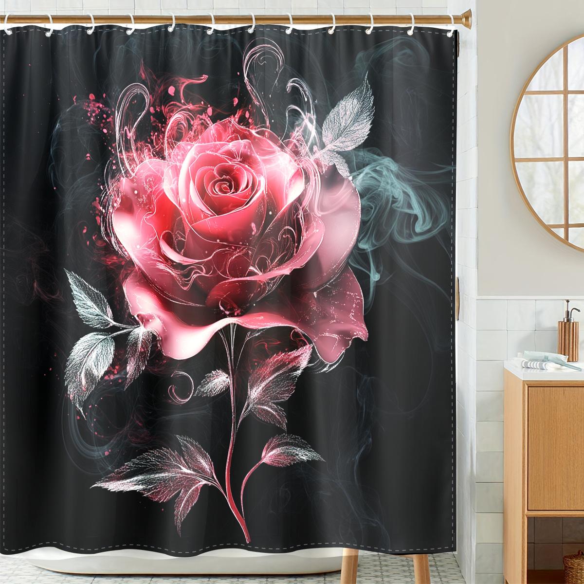 

1Pc Elegant Rose-Themed Digital Printed Shower Curtain - Vibrant Pink & Green Polyester Fabric With Hooks, Machine Washable Bath W60H190(CM)-1 Pcs