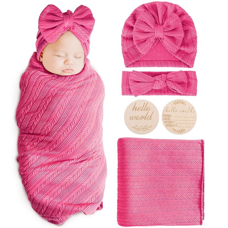 Newborn Receiving Blanket with Bow Hat Mittens Wooden Card Set Wheat-Pattern Newborns Toddler Baby Boy Girl Nursery Swaddle Wrap