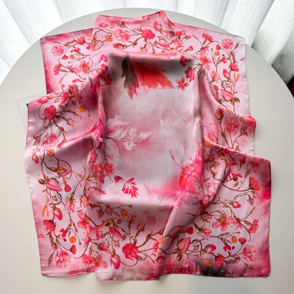 Luxury Square Scarf For Women Elegant Floral Print Ladies Hijab Neckerchief Fashion Shawl Soft Stain Imitation Silk Bandana