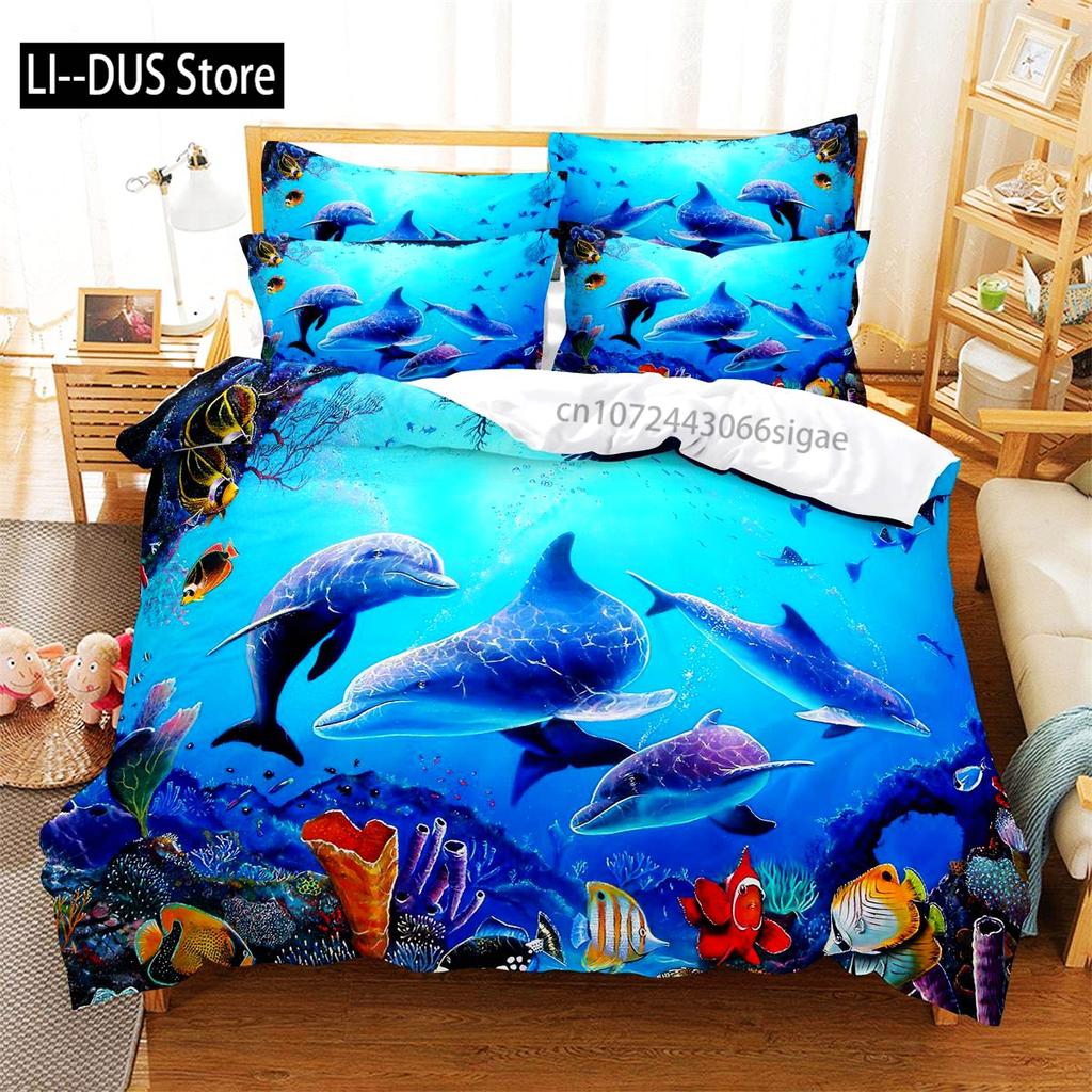 Blue Dolphin Bedding Set Comforter Queen Full SizeOcean Animal Bedding for Boys Kids Teen Boy Bedding with Pillowcases 3pcs
