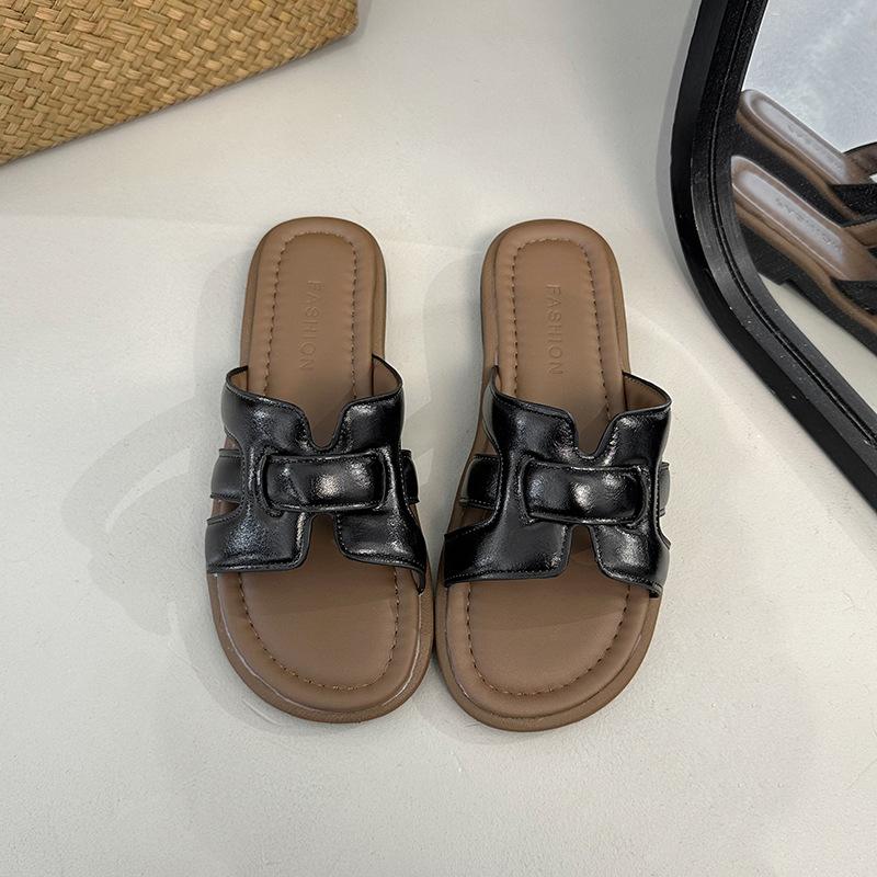 2025 summer new square head foreign trade large size flat heel slippers women's European and American casual fashion cool slippers women's shoes