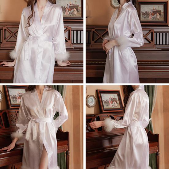 Nachthemd für Damen, Kunstpelzbesatz, verstellbare Taille, Krawatte, Satin, V-Ausschnitt, Kunstseide, einfarbig, Nachtwäsche für Partys, Hochzeiten, Braut, Brautjungfer, Morgenmantel
