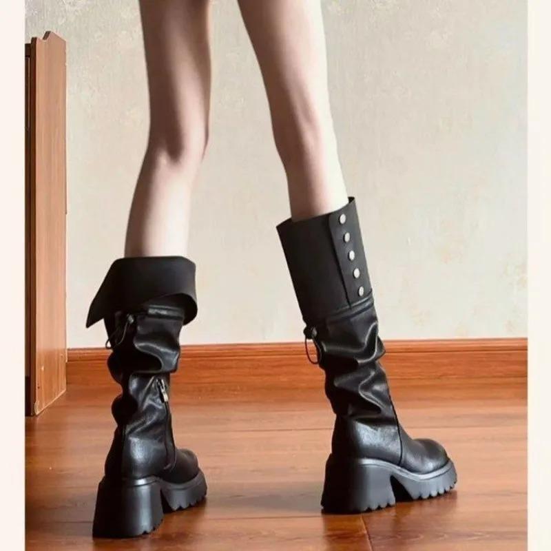 Fashion Pleated Thigh Boots Women's 2025 Autumn Winter Platform Knee-High Small Tall Knight Boots