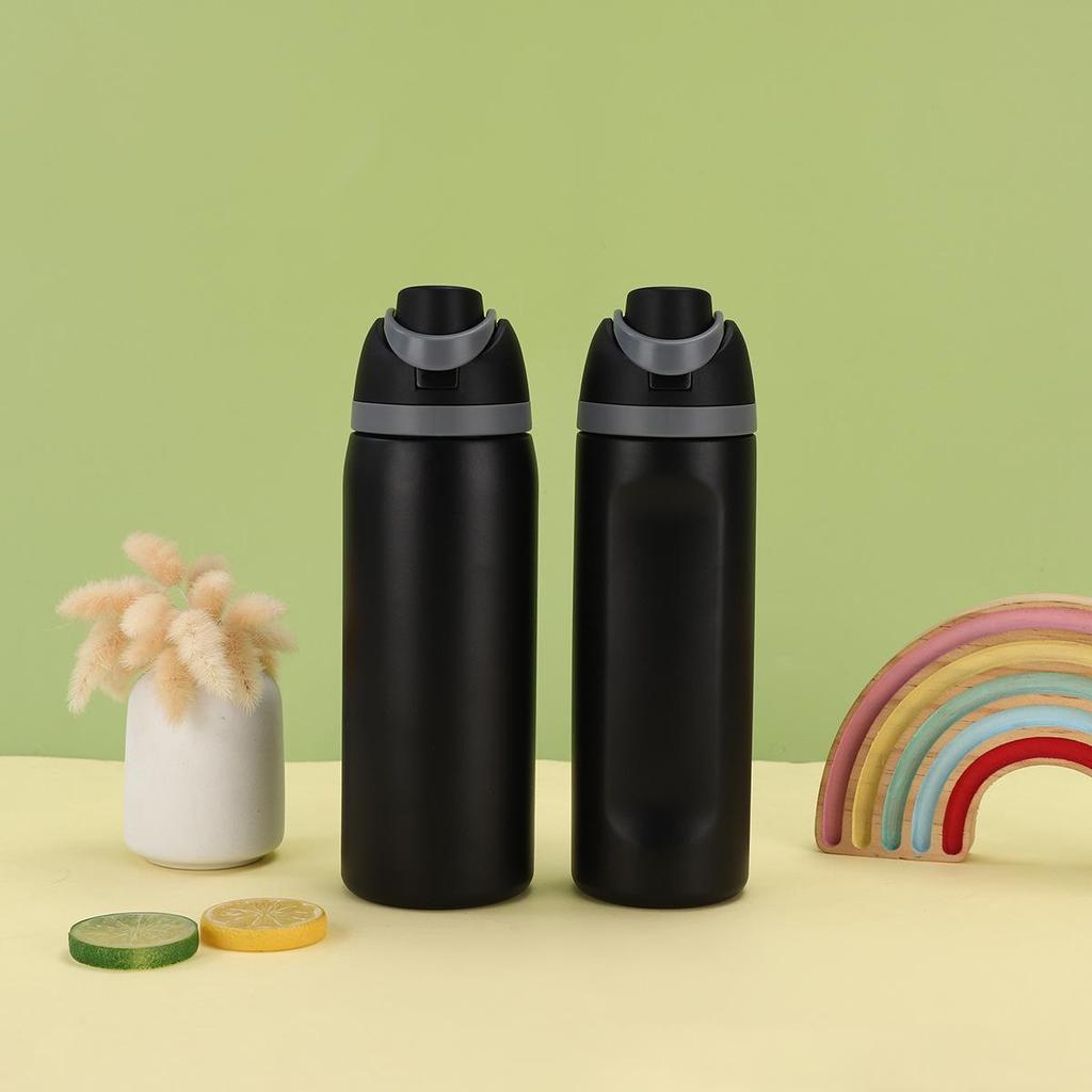 Double-Drink Lid Stainless Steel Insulated Sports Cup with Straw, Large Capacity, Flip-Top, Carry Rope