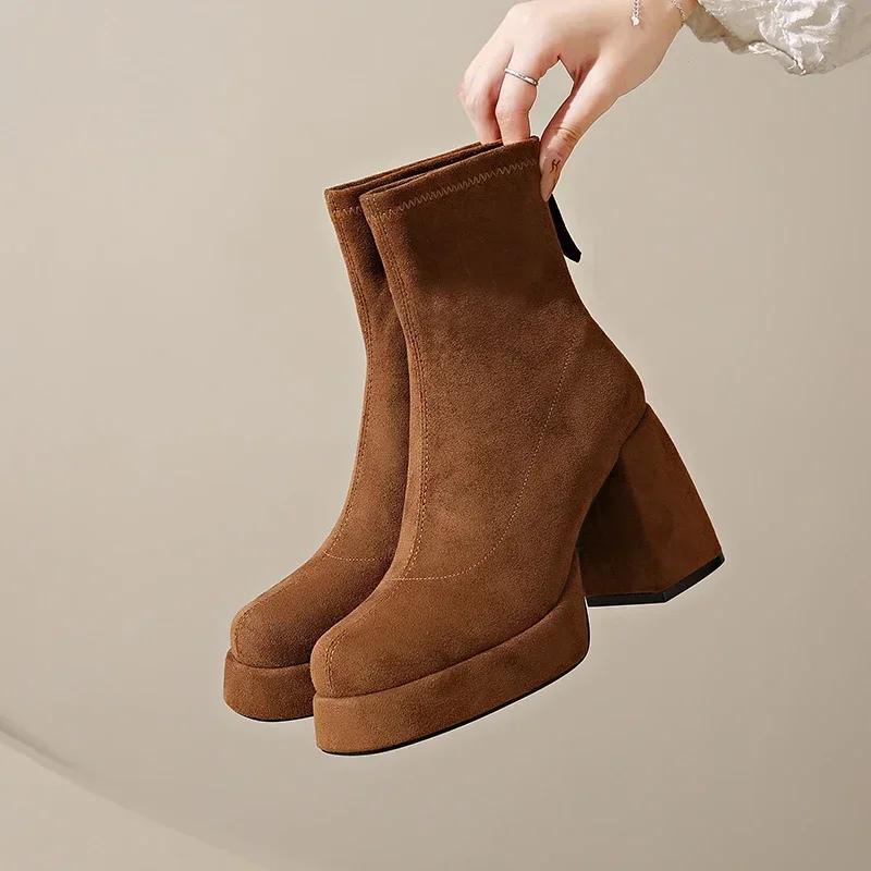 2026 Women's Fashion High-heeled Boots Winter New British Style Soft Sole Anti-slippery Catwalk Versatile Keep Warm Leather Shoe