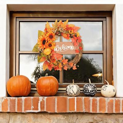 Fall Wreath Outdoor Realistic Sunflower Pumpkin Maple Ornament Artificial Holiday Wreath For Harvest Festival Office Apartment