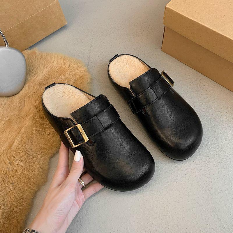 Retro Flat-bottomed Velvet Bag Head Half Slippers Women's 2025 Autumn and Winter New Soft-soled One-pedal Birkencotton Slippers Women