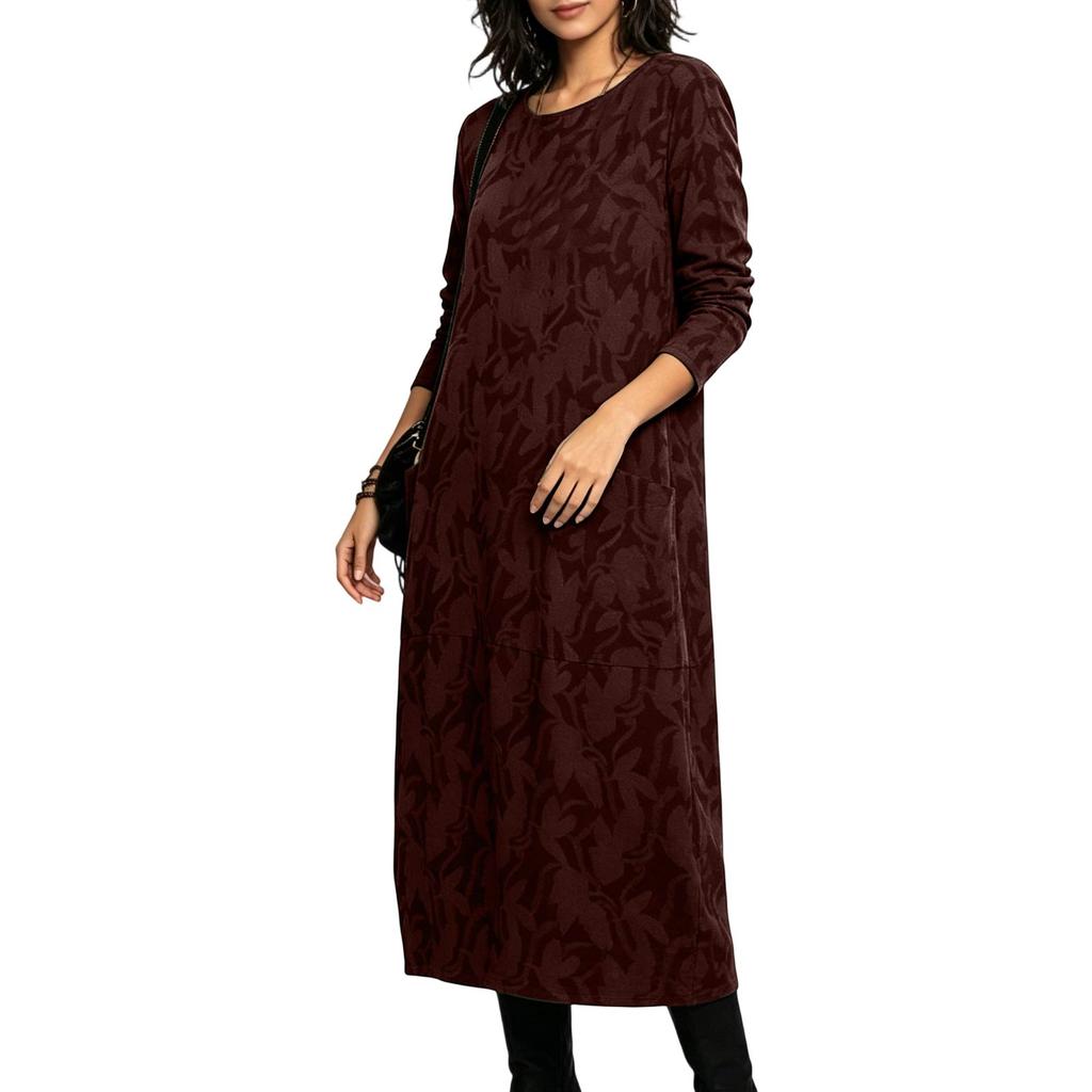 Abito lungo casual da donna con spalle scoperte, bordatura in pizzo e vestibilità ampia