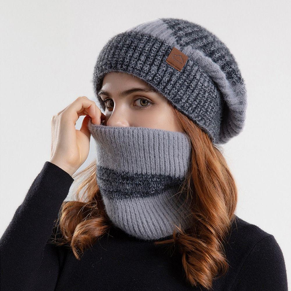 Fleece Lined Hat Scarf Set Windproof Coldproof Neck Warmer Fashion Ear Protection  for Women