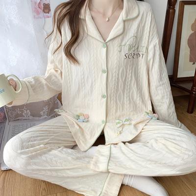 Pyjama-Set Damen Frühling und Herbst Cardigan Neu Mädchen Schlicht Lässig Prinzessinnenstil Hauskleidung Langarm Pyjama-Set