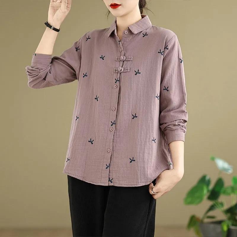

Весенне-осенняя хлопковая рубашка с длинным рукавом женская в китайском стиле с вышивкой женская блузка S светло-фиолетовый
