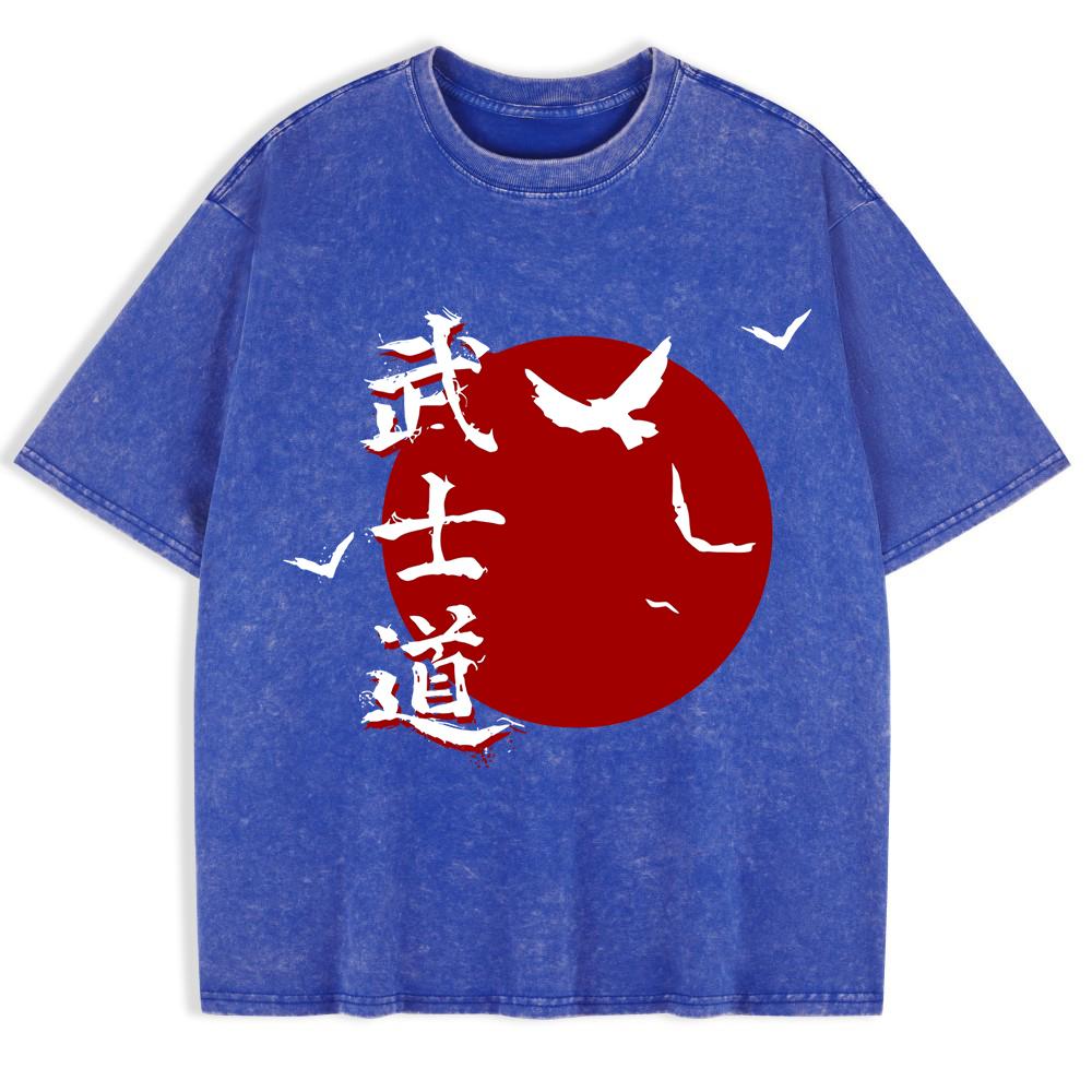 Japan Bushido Harajuku Printed Washed T-Shirts Mens Cotton Short Sleeve Tops Street O-Neck Oversize T Shirts Clothes
