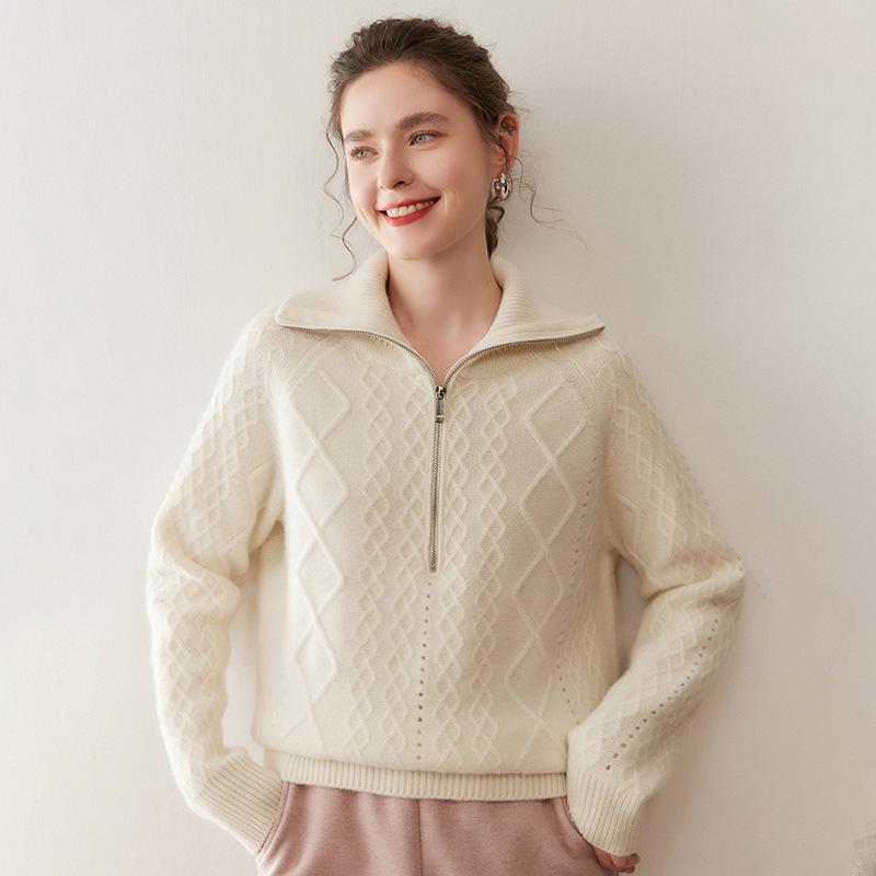Thick Cable Knit Cashmere Half-Zip Lapel Sweater - Women's Polo Neck Base Layer, Autumn/Winter Korean Style.