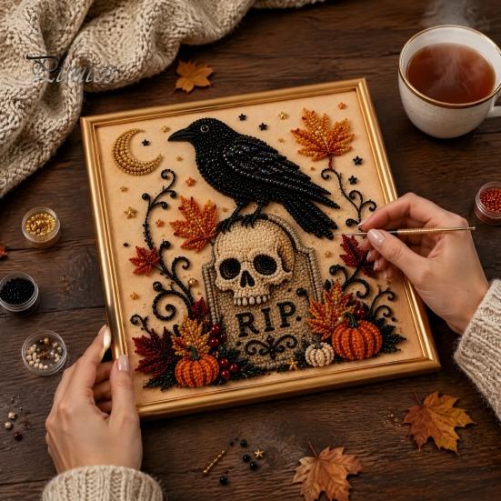 Ghost Pumpkin Art Craft Halloween Faux Pearl Kit, 3D Painting DIY Spooky Gem for Beginners Cute Set Adults, Autumn Home Wall Decor Crafting