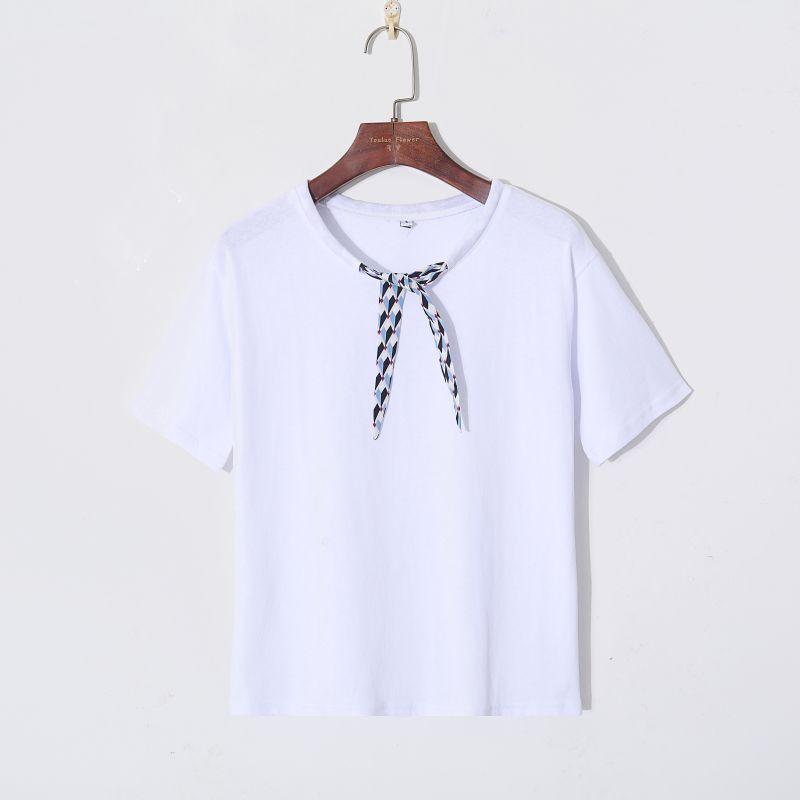 

Летняя женская одежда 2024 года Модная футболка в K-стиле с круглым вырезом, принтом, шнуровкой, пуловер, с коротким рукавом, свободного кроя, облегающая, универсальная, молодежная White L