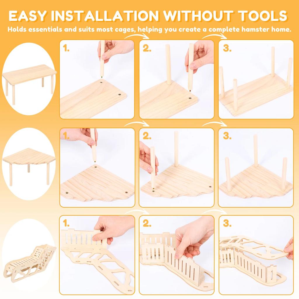 4Pcs Hamster Platform Natural Wood Hamster Climbing Toy with Ramp Tunnel Shelter Small Pet Resting Area Hamster Cage Accessories