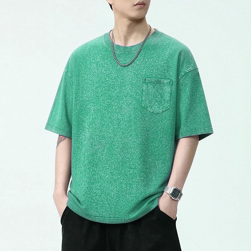 Men's Vintage Washed Cotton T Shirt Crew Neck Short Sleeve Chest Pocket Casual Loose Fit Streetwear Summer Tops