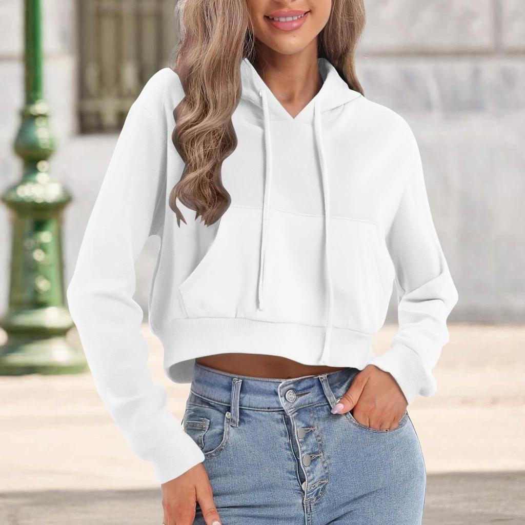 Women's Fashion Long Sleeve Solid Color Pullover Casual Loose Hooded Cropped Drawstring Sweatshirt