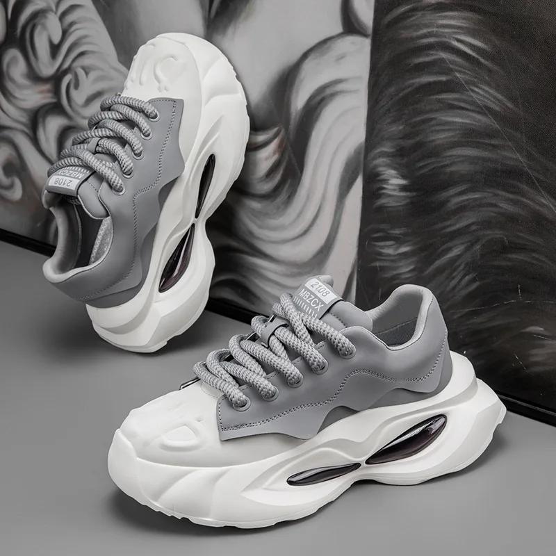 Fashion Chunky Sneakers Men Designer Soft Sole Sport Shoes Fashion Casual Microfiber Leather Upper Height Increased Platform White Shoes