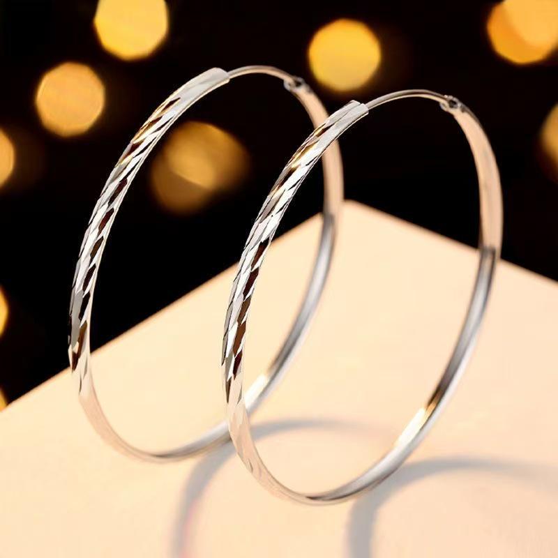 

Sterling Silver Three-Sided Floral Carved Hoop Earrings - Women s Exaggerated Fashionable Round Ornaments Carved Rhombus Earrings 30mm