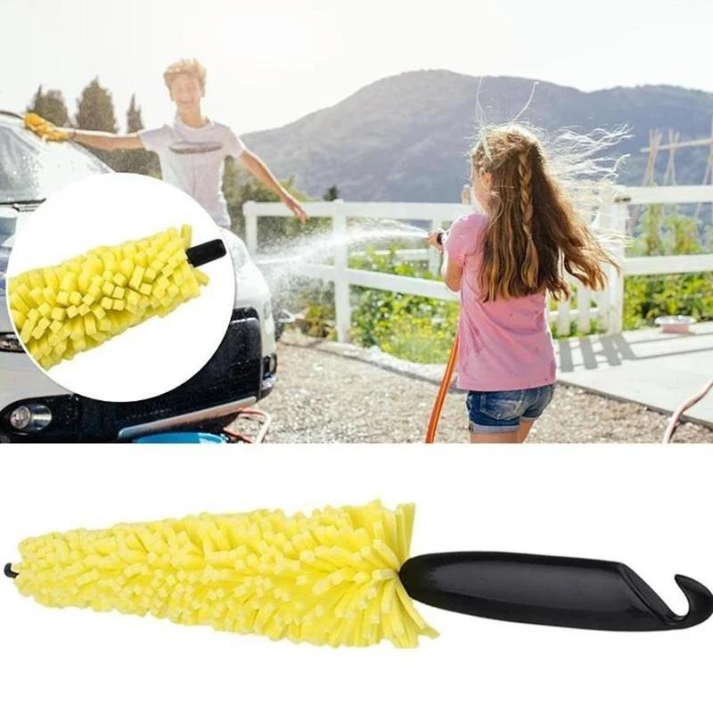 1X Auto Car Tool Tire Rim Cleaner Black Plastic Handle Yellow Sponge Car Wheel Brush Cleaning Scrub Tool High Quality