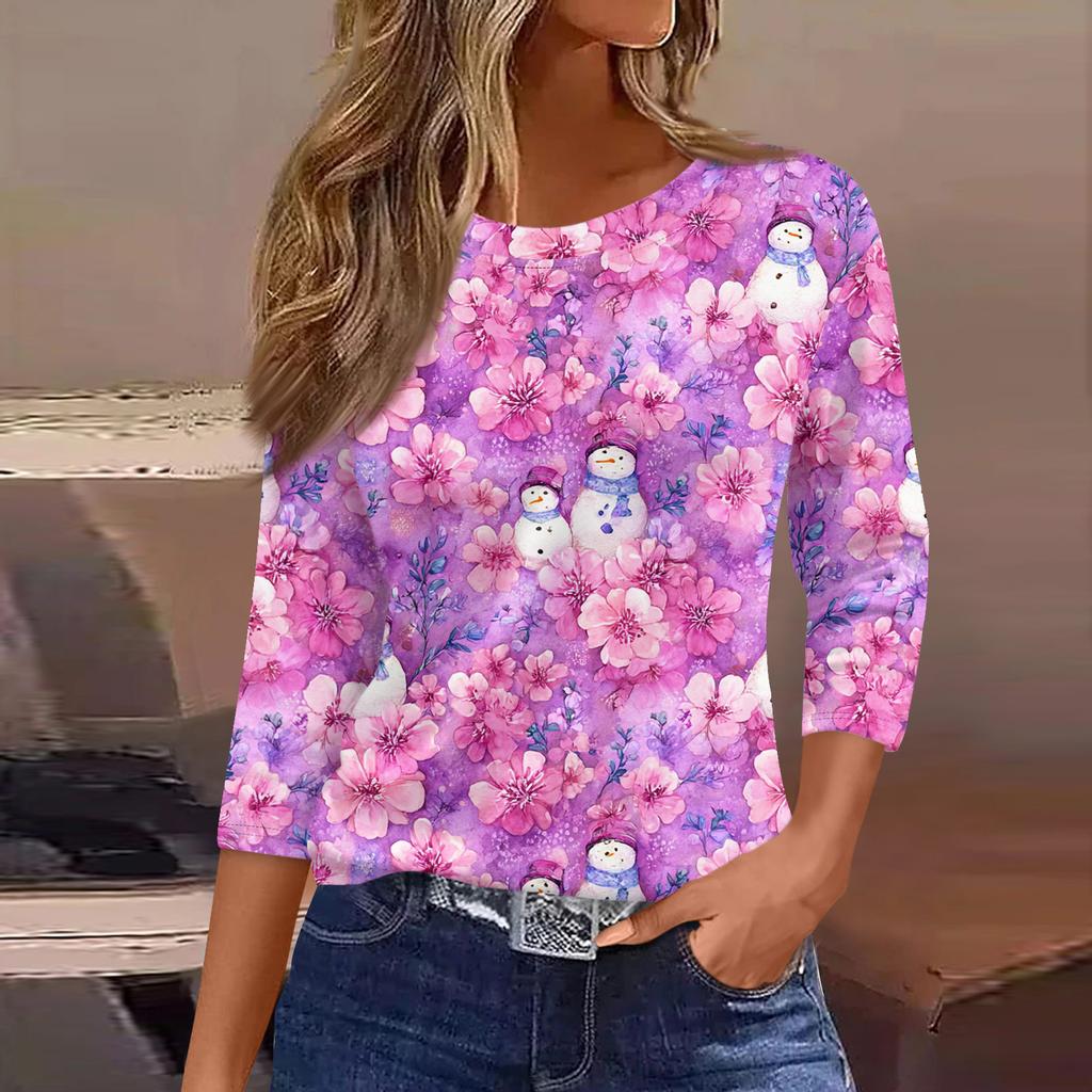 3/4 Length Sleeve Womens Tops Floral Print Vintage Fashion Casual Loose With Round Neck Plus Size Shirts