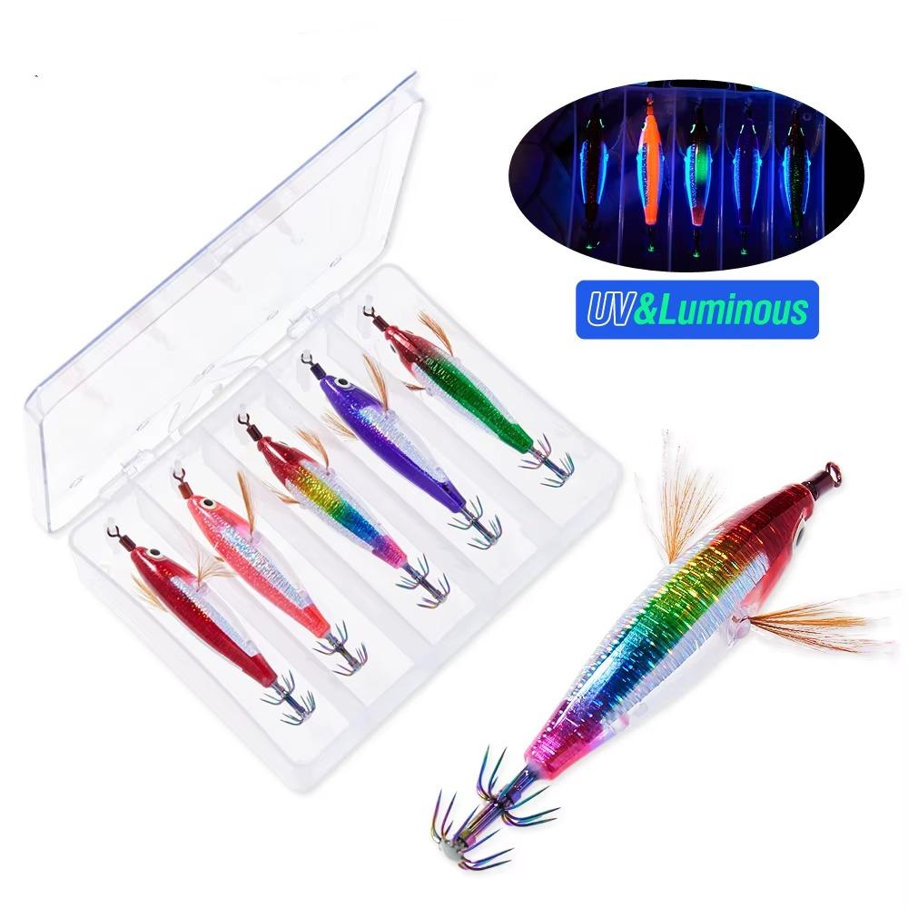5pcs/Box Sinking Wood UV Luminous Squid Bait Saltwater Fishing Accessories Saltwater Fishing